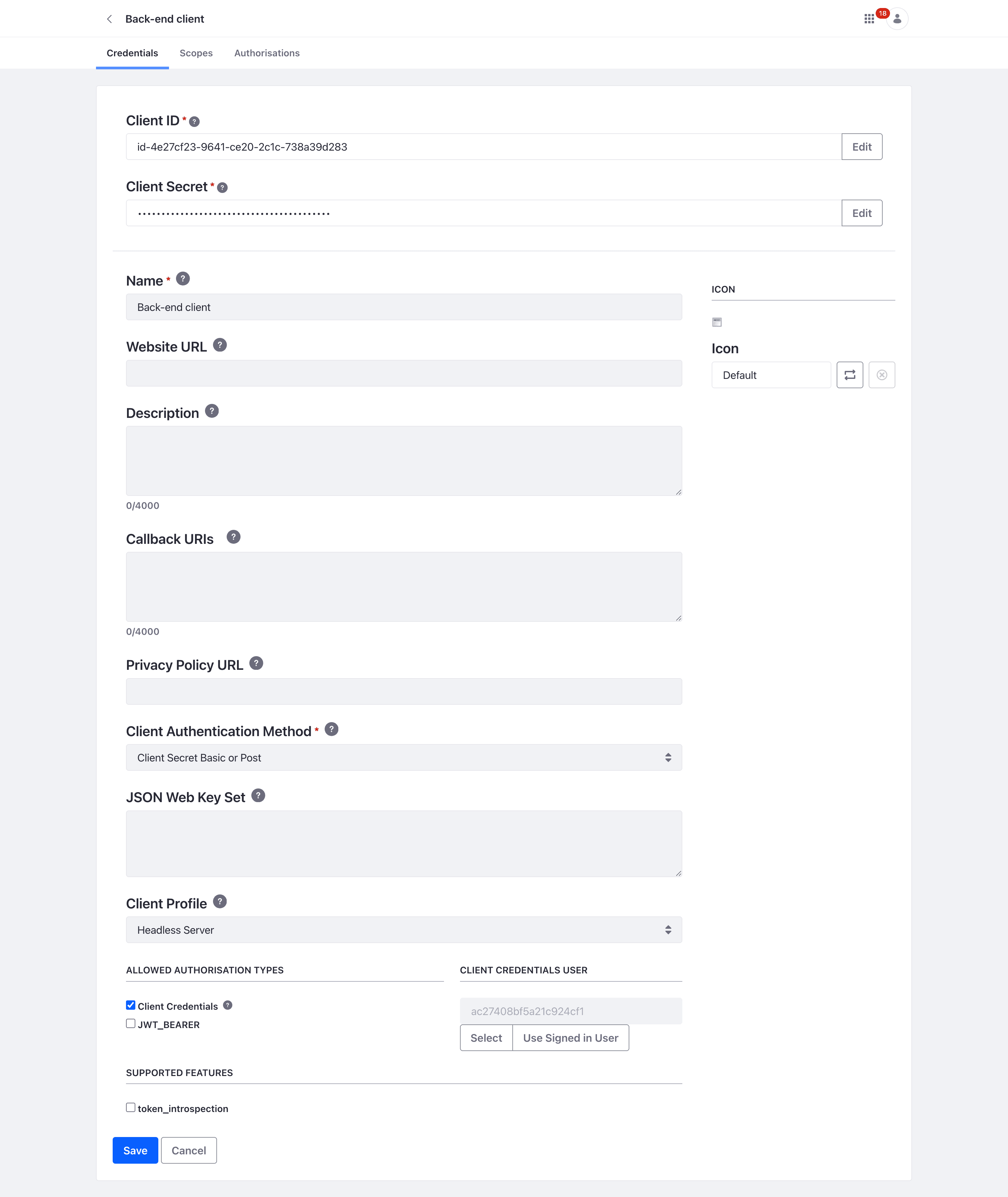 The UI for OAUTH 2 configuration